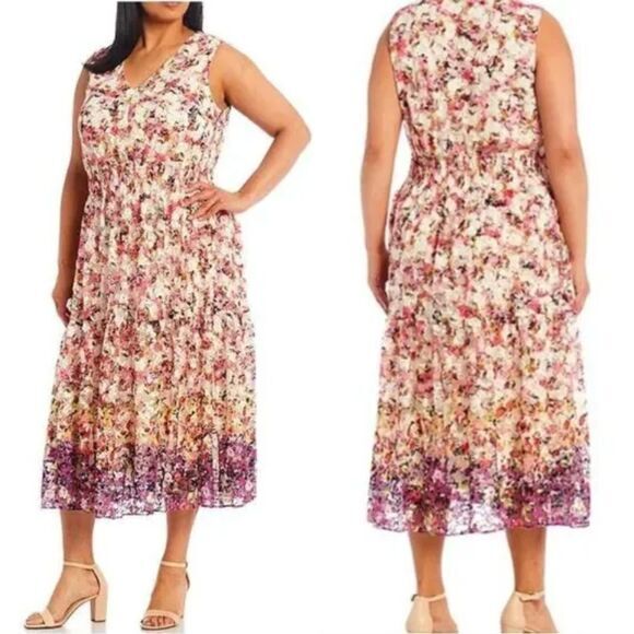 Maison Tara  v neck‎ sleeveless floral boarder printed lace midi dress, 22W - Picture 1 of 16